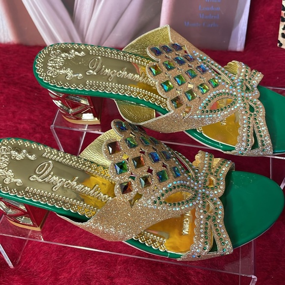 JEWELED HEELS GOLD, GREEN, PINK AND AMBER COLORED GEMS MIRRORED HEELS SIZE 38 - Picture 5 of 12